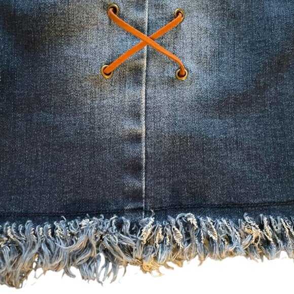 Plus Size Western Frayed Hem Denim Mini Skirt Stretchy Cowgirl Rocker Sz 14 - Picture 3 of 12